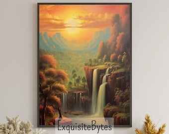 Vintage Waterfall Landscape Painting, Vacation Home Decor, Printable Art, Gift, Airbnb Home Poster, Illustration Book, Wallpaper #9