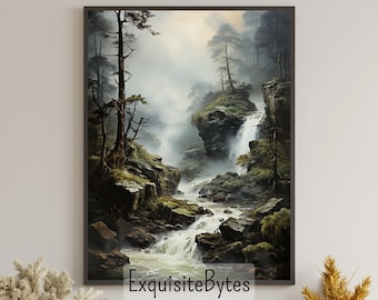 Vintage Waterfall Landscape Painting, Vacation Home Decor, Printable Art, Gift, Airbnb Home Poster, Illustration Book, Wallpaper #16