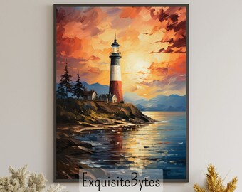 Lighthouse Landscape Watercolor Painting, Coastal Decor, Printable Art, Gift, Airbnb Home Poster, Illustration Book, Wallpaper #16