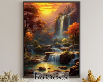 Vintage Waterfall Landscape Painting, Vacation Home Decor, Printable Art, Gift, Airbnb Home Poster, Illustration Book, Wallpaper #11