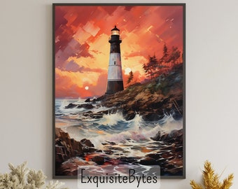 Lighthouse Landscape Watercolor Painting, Coastal Decor, Printable Art, Gift, Airbnb Home Poster, Illustration Book, Wallpaper #8