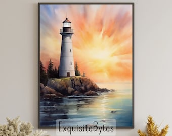 Lighthouse Landscape Watercolor Painting, Coastal Decor, Printable Art, Gift, Airbnb Home Poster, Illustration Book, Wallpaper #14