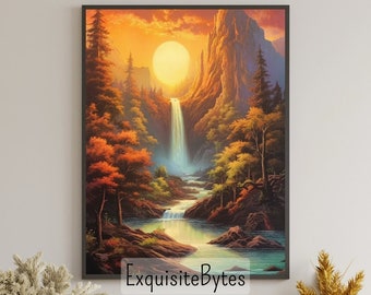 Vintage Waterfall Landscape Painting, Vacation Home Decor, Printable Art, Gift, Airbnb Home Poster, Illustration Book, Wallpaper #12