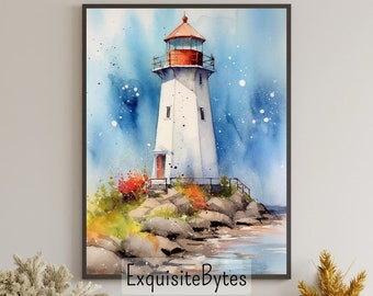 Lighthouse Landscape Watercolor Painting, Coastal Decor, Printable Art, Gift, Airbnb Home Poster, Illustration Book, Wallpaper #21