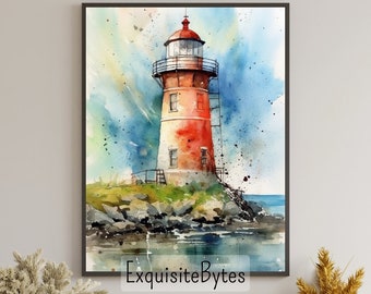 Lighthouse Landscape Watercolor Painting, Coastal Decor, Printable Art, Gift, Airbnb Home Poster, Illustration Book, Wallpaper #20