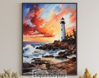 Lighthouse Landscape Watercolor Painting, Coastal Decor, Printable Art, Gift, Airbnb Home Poster, Illustration Book, Wallpaper #12