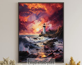 Lighthouse Landscape Watercolor Painting, Coastal Decor, Printable Art, Gift, Airbnb Home Poster, Illustration Book, Wallpaper #9