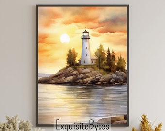 Lighthouse Landscape Watercolor Painting, Coastal Decor, Printable Art, Gift, Airbnb Home Poster, Illustration Book, Wallpaper #17