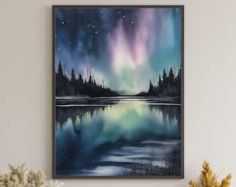 Northern Lights Watercolor Painting, Aurora Borealis, Dreamy Home Decor, Printable Wall Art, Northern Lights #16