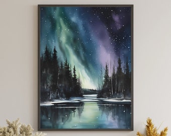 Northern Lights Watercolor Painting, Aurora Borealis, Dreamy Home Decor, Printable Wall Art, Northern Lights #15