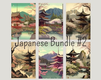 Japanese Landscape Vintage Paintings Bundle, Wall Decor, Printable Art, Gift, Vacation Home Poster, Illustration Book, Phone Wallpaper, #2