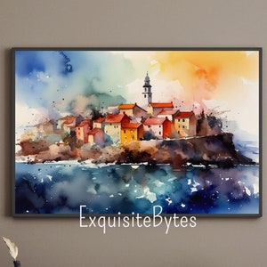 Coastal Village Watercolor Painting, Serene Scene by the Sea, Coastal Home Decor, Printable Wall Art, Coastal Village #5
