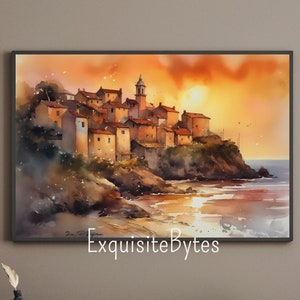 Coastal Village Watercolor Painting, Serene Scene by the Sea, Coastal Home Decor, Printable Wall Art, Coastal Village #2