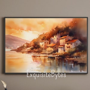 Coastal Village Watercolor Painting, Serene Scene by the Sea, Coastal Home Decor, Printable Wall Art, Coastal Village #4