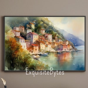 Coastal Village Watercolor Painting, Serene Scene by the Sea, Coastal Home Decor, Printable Wall Art, Coastal Village #11