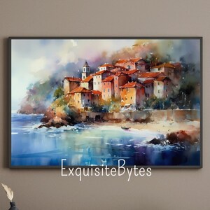 Coastal Village Watercolor Painting, Serene Scene by the Sea, Coastal Home Decor, Printable Wall Art, Coastal Village #12