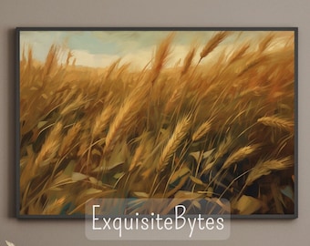 May include: A framed painting of a field of golden wheat blowing in the wind. The painting is in a black frame and is hanging on a wall.