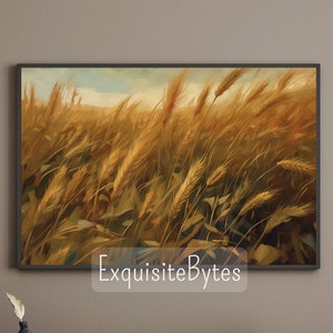 Campo di grano dell'annata pittura, arte botanica, decorazione domestica di paesaggio rustico, arte della parete stampabile, fiore #35