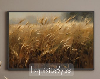 May include: A framed painting of a field of golden wheat blowing in the wind. The painting is set against a brown wall and a wooden cabinet with a gold bowl on top.