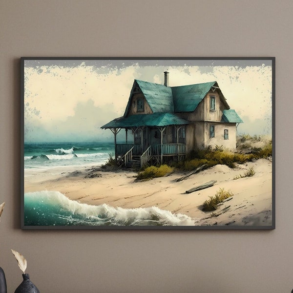 Beach Cottage House Painting, Wall Decor, Printable Wall Art, Coastal Home Art, Sea Cottage #6