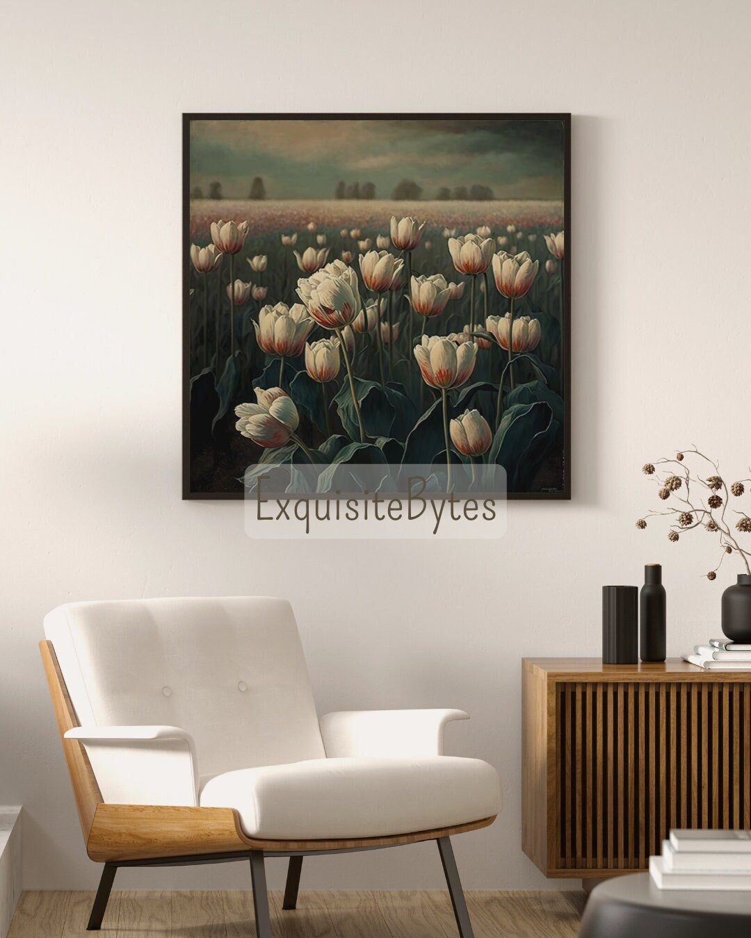 Vintage Tulip Field Oil Painting, Botanical Art, Rustic Wall Decor ...
