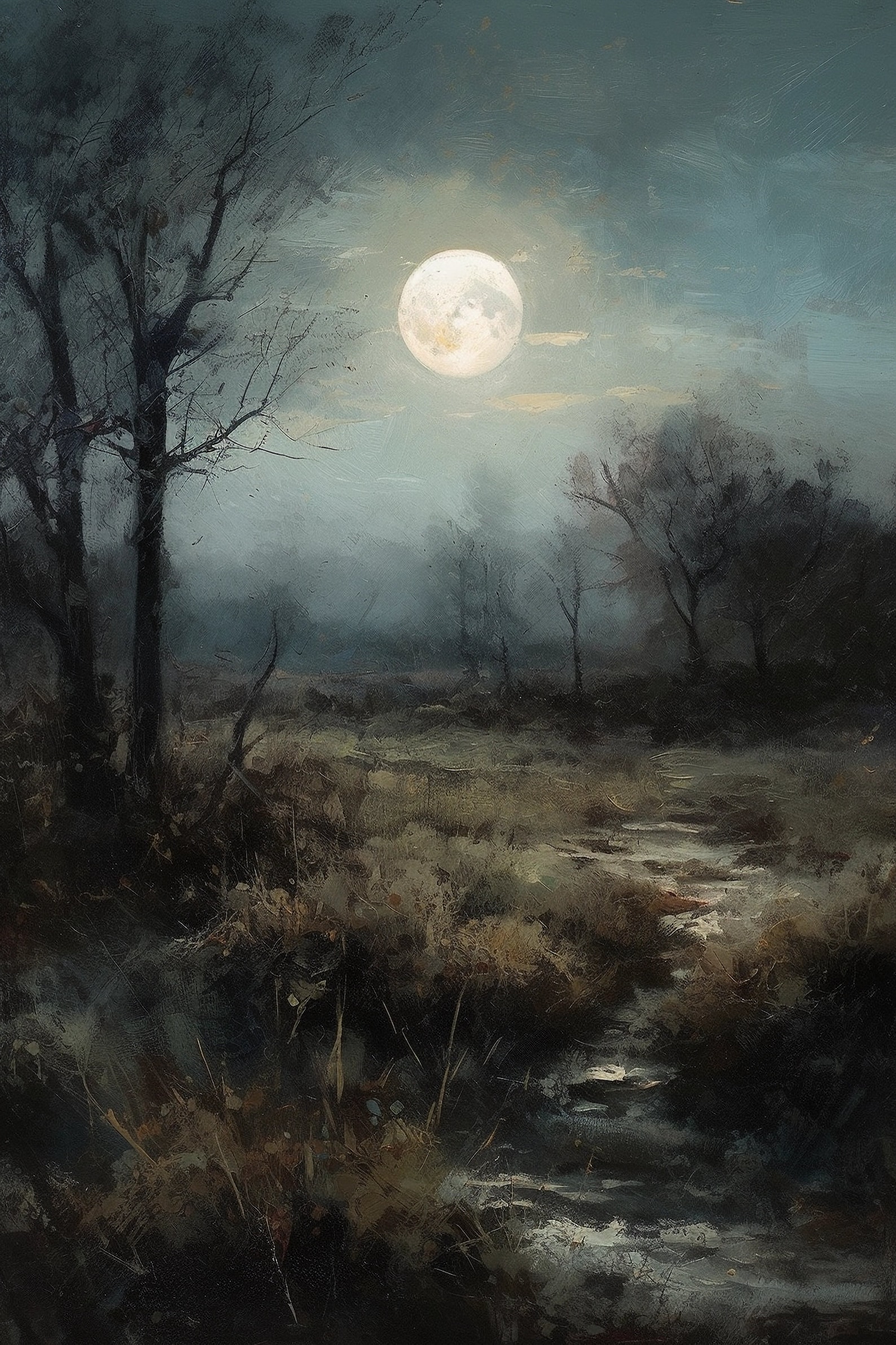 Moon Light Countryside Vintage Moonlit Field Painting, Serene Countryside Landscape Under Moon ...