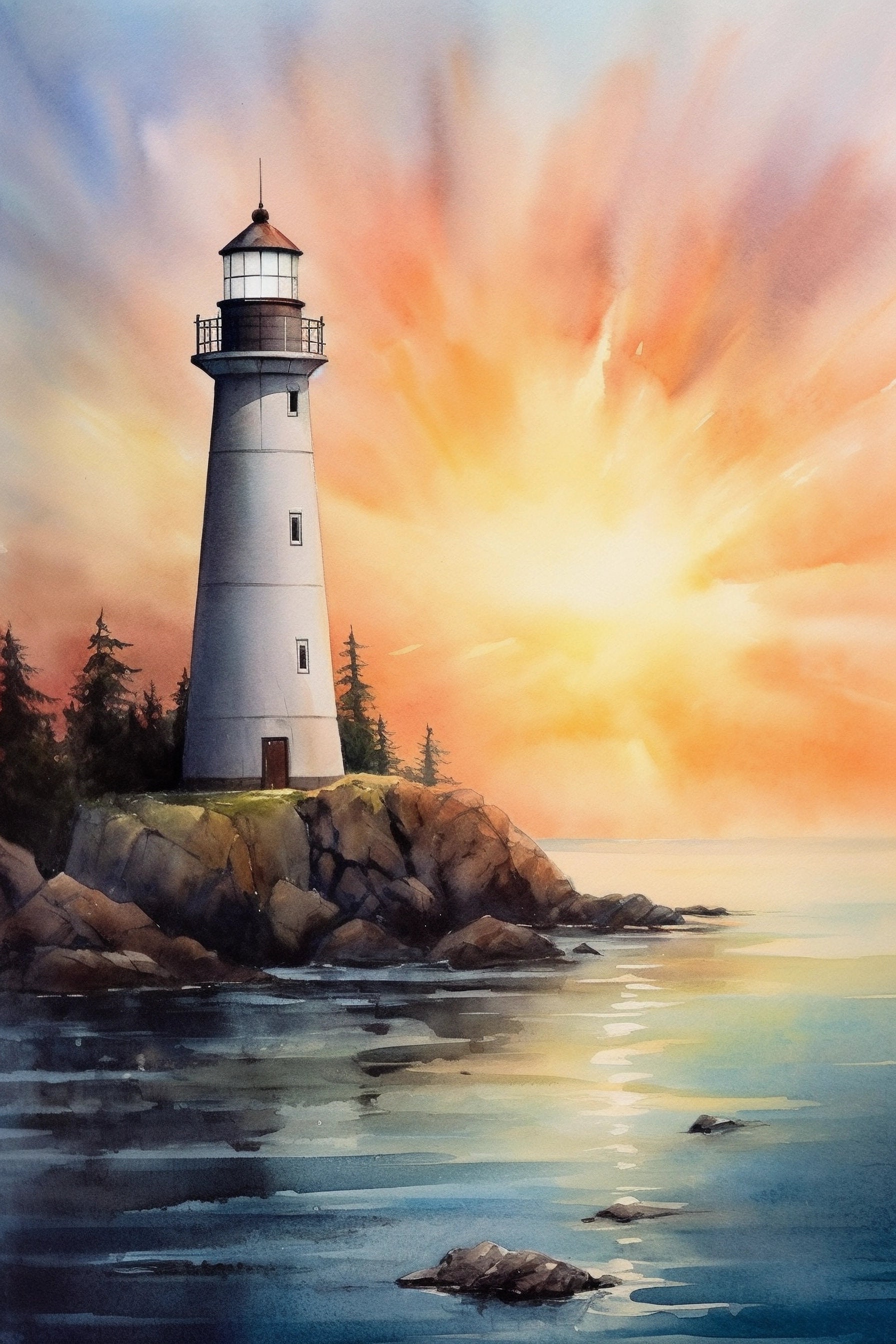 Lighthouse Landscape Watercolor Painting, Coastal Decor, Printable Art ...
