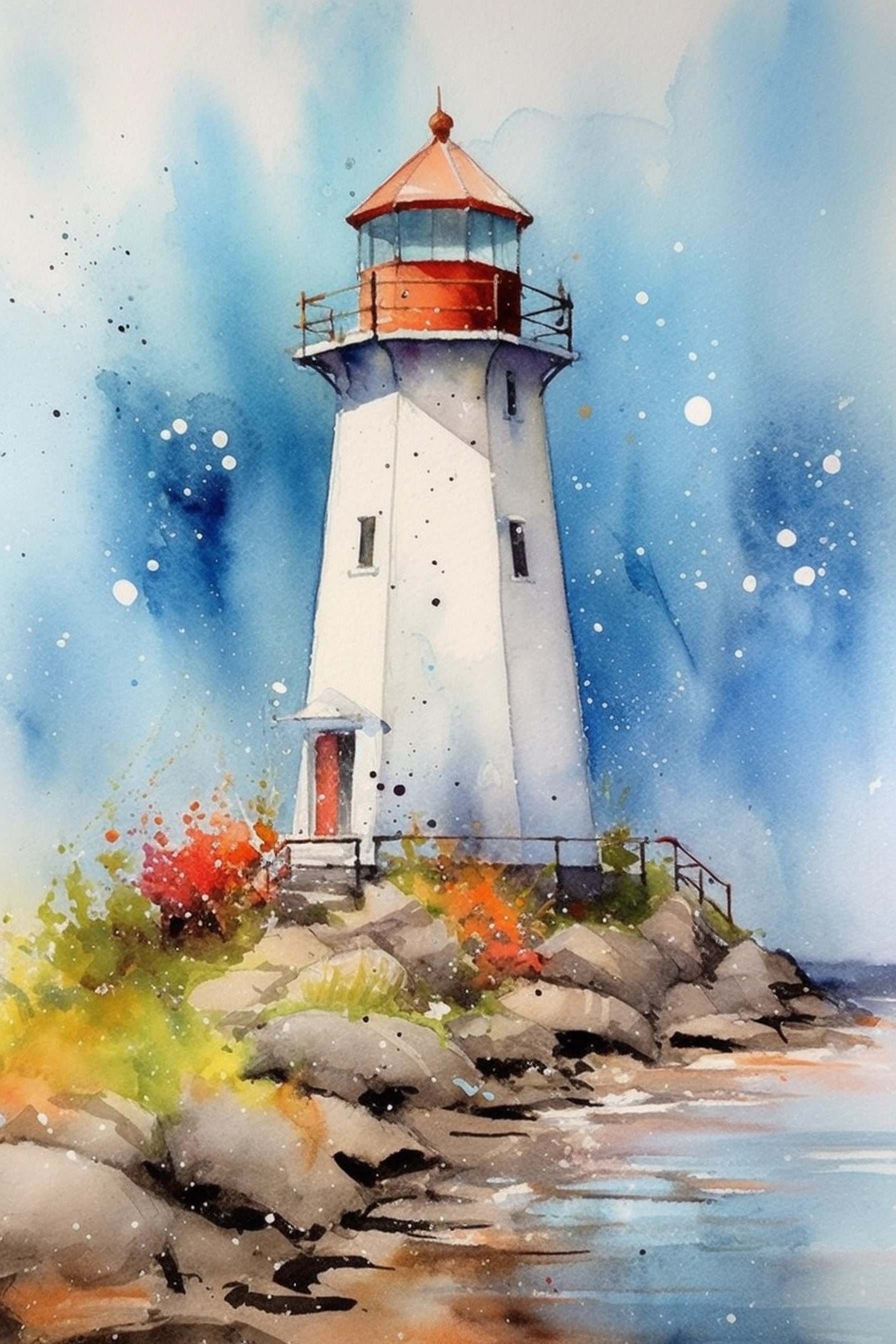 Lighthouse Landscape Watercolor Painting, Coastal Decor, Printable Art ...