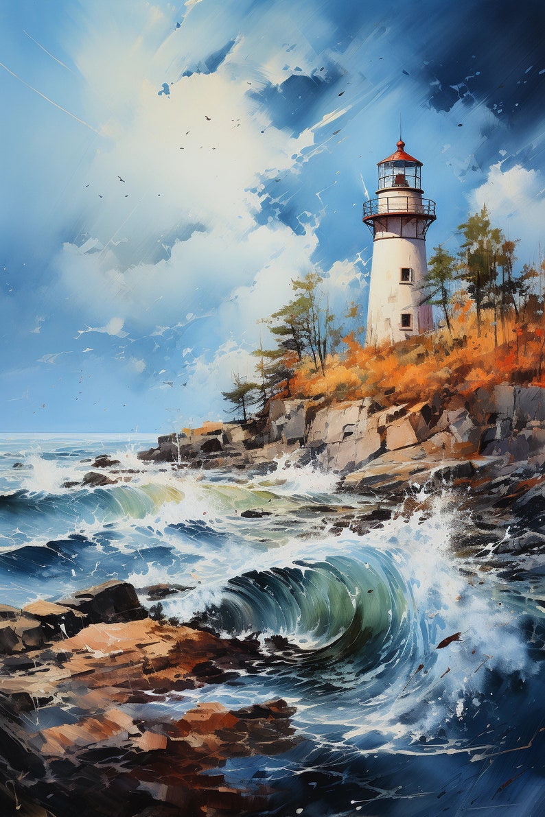 Lighthouse Landscape Watercolor Painting, Coastal Decor, Printable Art ...