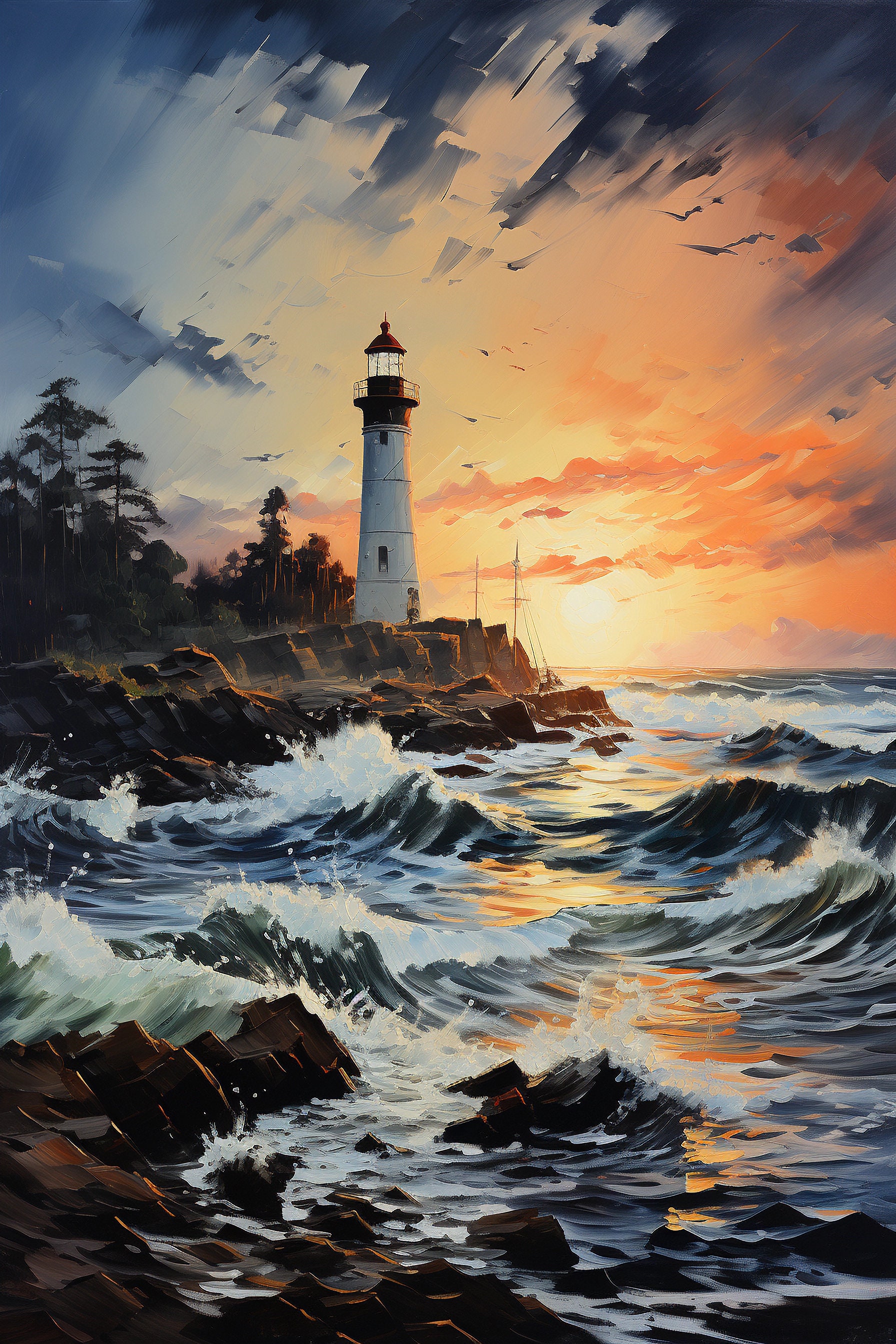 Lighthouse Landscape Watercolor Painting, Coastal Decor, Printable Art ...