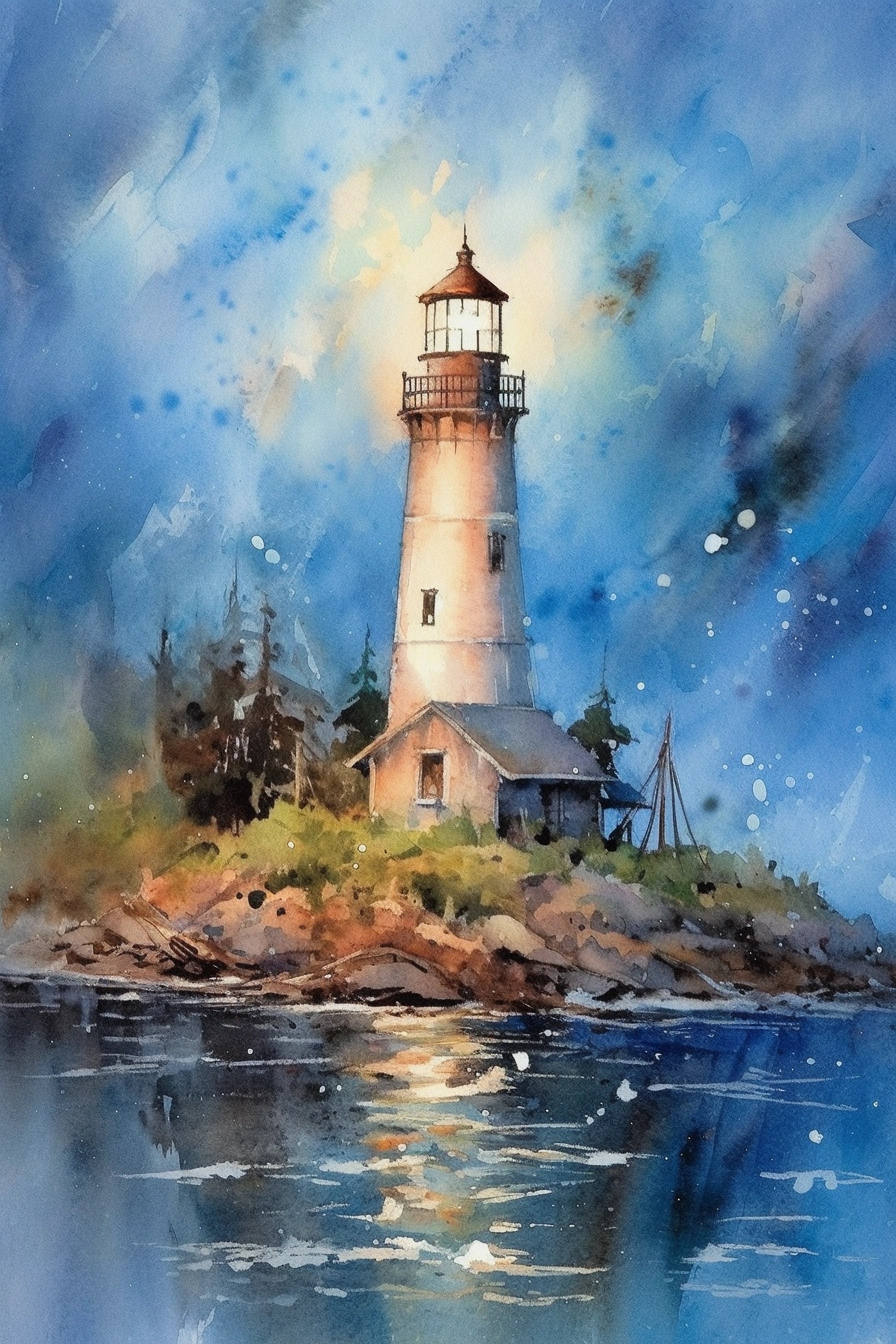 Lighthouse Landscape Watercolor Painting, Coastal Decor, Printable Art ...