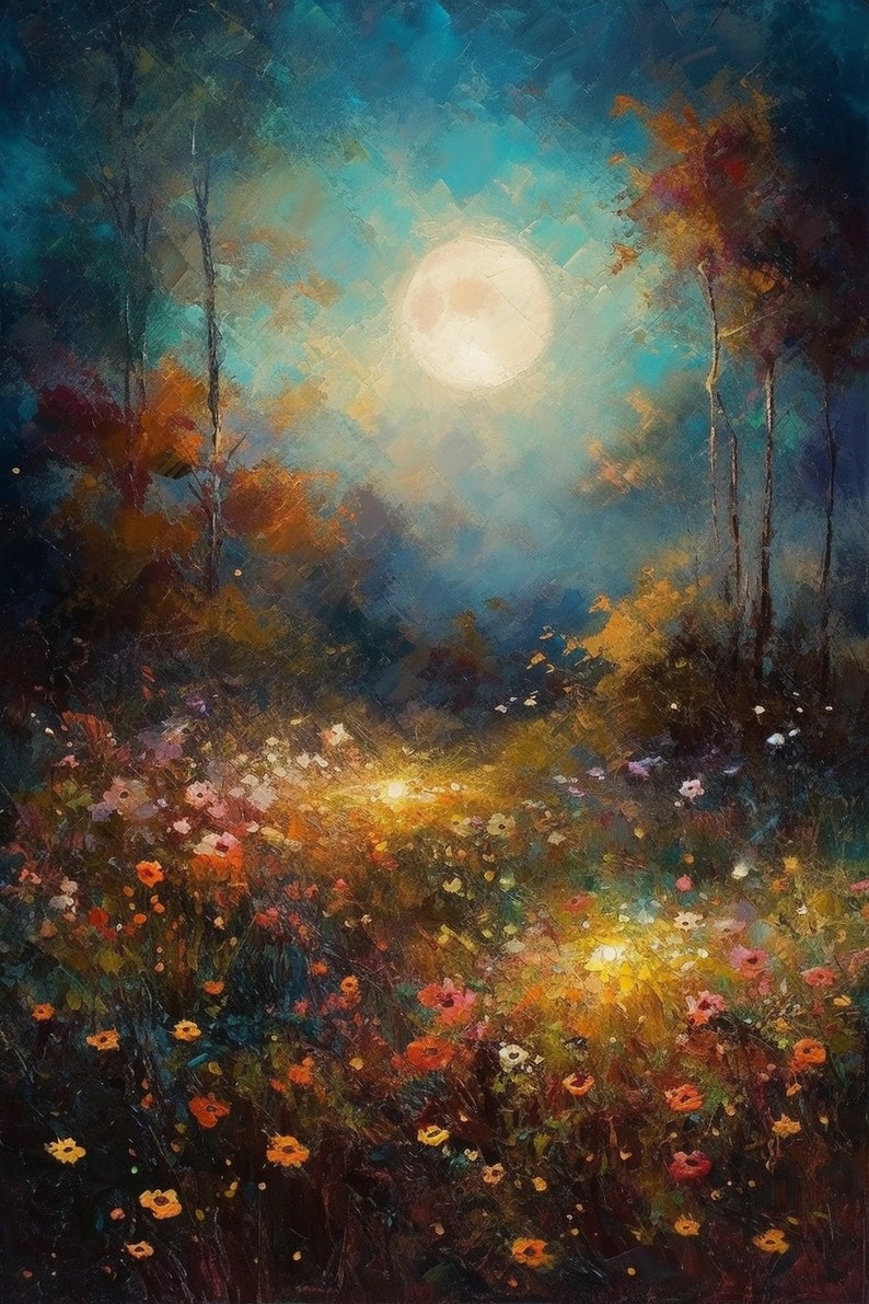 Moon Light Countryside Vintage Moonlit Field Painting, Serene Countryside Landscape Under Moon ...