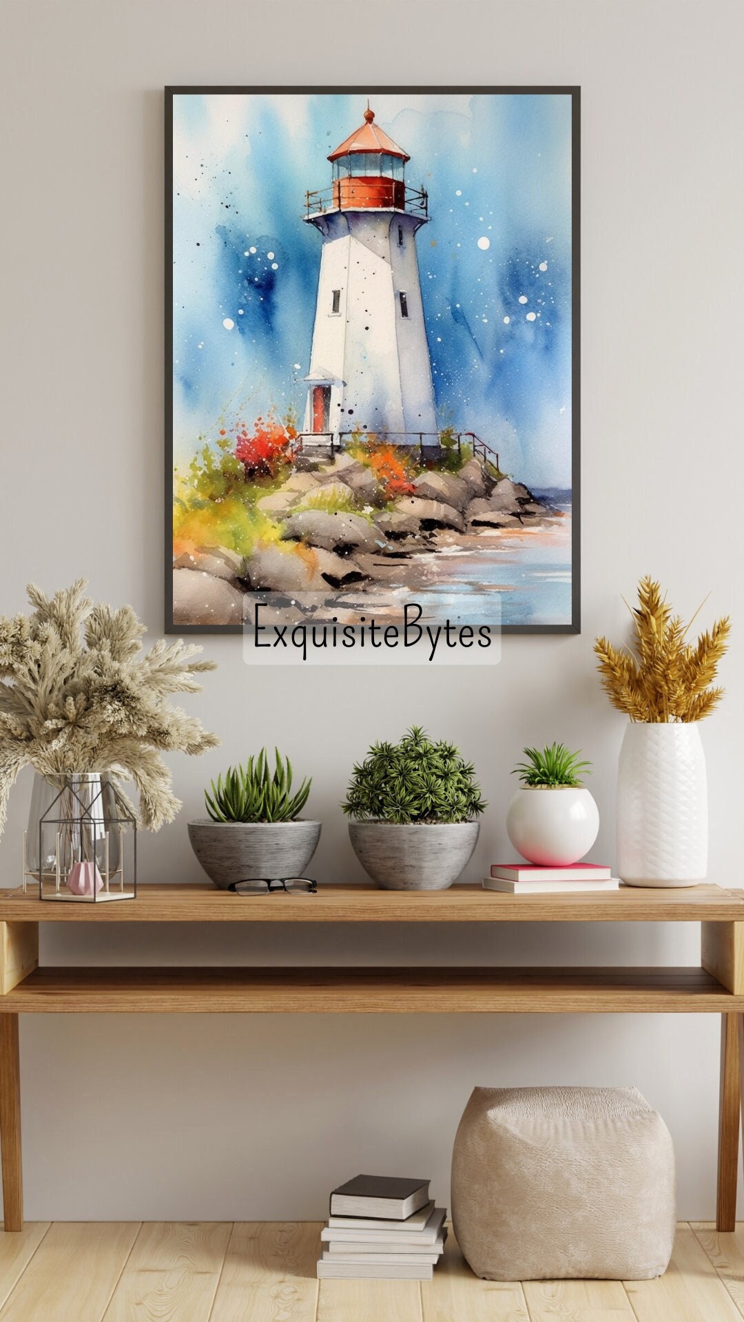 Lighthouse Landscape Watercolor Painting, Coastal Decor, Printable Art ...