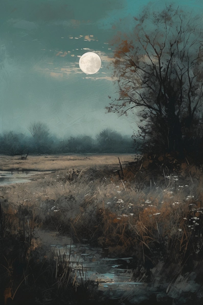 Moon Light Countryside Vintage Moonlit Field Painting, Serene Countryside Landscape Under Moon ...