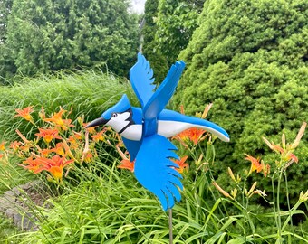 Handcrafted Blue Jay Whirligig | Wooden Garden Spinner, Yard Art
