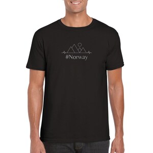 T-Shirt Unisex Norway Hashtag Mountains Heartbeat EKG Round Neck Women Men Unisex Graphic Image Font #Norway Short Sleeve