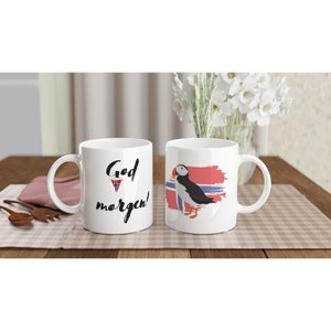 Ceramic mug God tomorrow puffin mug Norway coffee mug with handle white puffin Lunde Puffin Norge