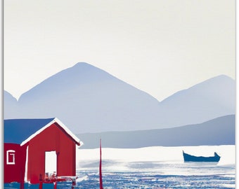Poster Norway fjord mountains red house boat nature blue matte paper graphic art vector image summer light fishing painted AI