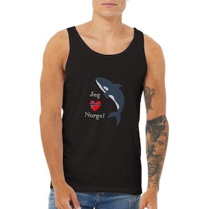 May include: Black tank top with a graphic of an orca jumping over a heart with the Norwegian flag and the text "Jeg Norge!"