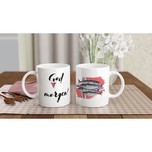 Ceramic cup God morning mackerel fish angler fishing cup Norway coffee cup with handle white Norge