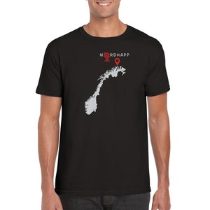 T-Shirt Unisexe Norvège Nordkapp Carte Norvège Chemise Voyage Road Trip Crew Neck Femmes Hommes Minimaliste Unisexe Image Graphique Police