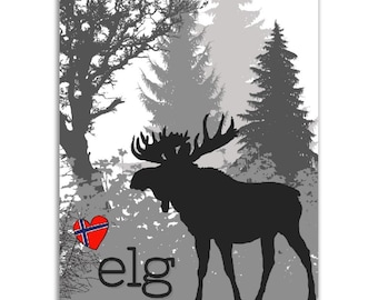 Poster moose in forest norwegian flag graphic art word norwegian image gray shades of gray on semi-matte paper