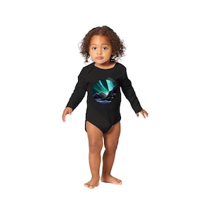 Long-sleeved baby bodysuit romper Norway aurora northern lights aurora borealis picture house fjord mountains snaps newborn