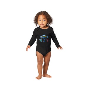 May include: A black long-sleeved baby onesie with the word "NORWAY" printed on the front. The letters are made up of images of Norwegian landscapes.