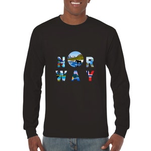 Long Sleeve T Shirt Lofoten Norway Islands Elk KI AI art Letters Norwegian Flag Round Neck Women Men Unisex Graphic Image Font
