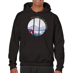 Unisex Hoodie Norway Fjord og Fjell blue red house fishing boat mountains pocket hood graphic art painted AI artificial intelligence