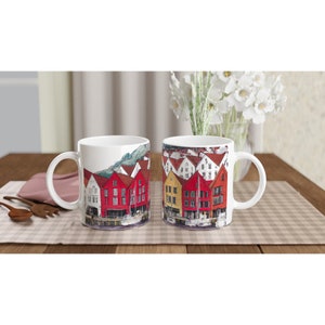 Ceramic mug Norway bryggen Bergen watercolor image coffee mug cup Norway coffee mug with handle white KI AI