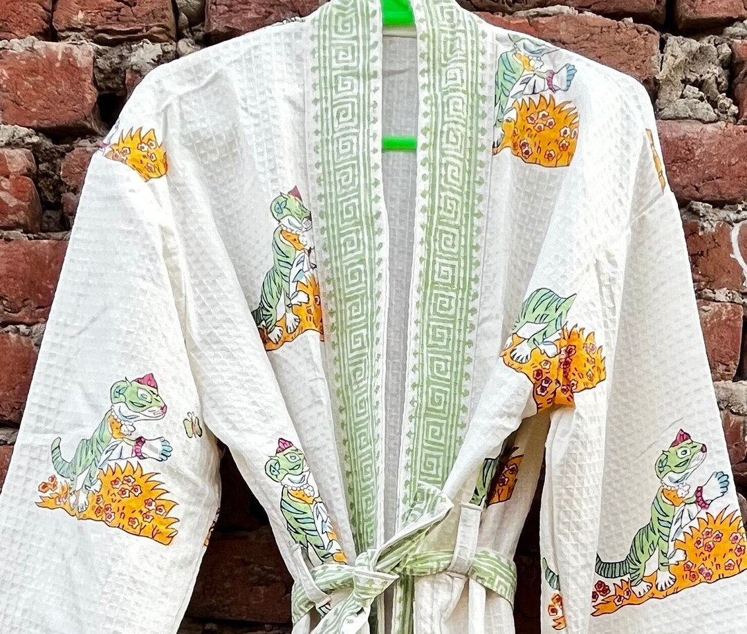 Waffle Robe Unisex Kimono Robes for Women Indian Block Print Dressing