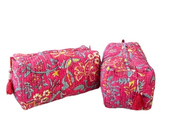 Floral Jaipuri Print Cotton Quilted Cosmetic Bags, Cotton Quilted Travel Pouches, Quilted Wash Bags, Vanity Bag, Cotton Pouches set of 2pc