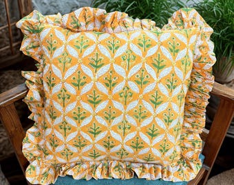 Hand Block Print Ruffled Pillow Sham: Floral Cotton Cushion Cover
